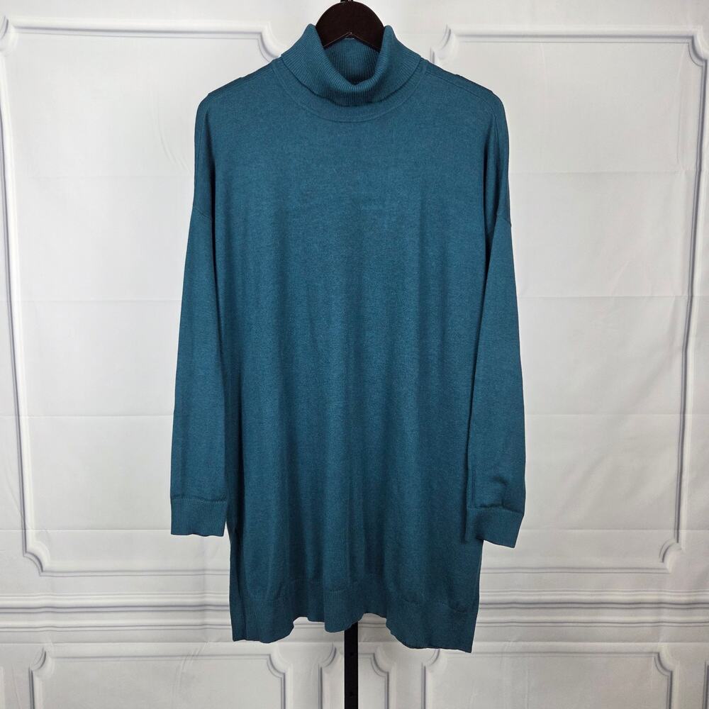 Eileen Fisher Teal Turtleneck Tunic Sweater M Oversized Tencel Knit